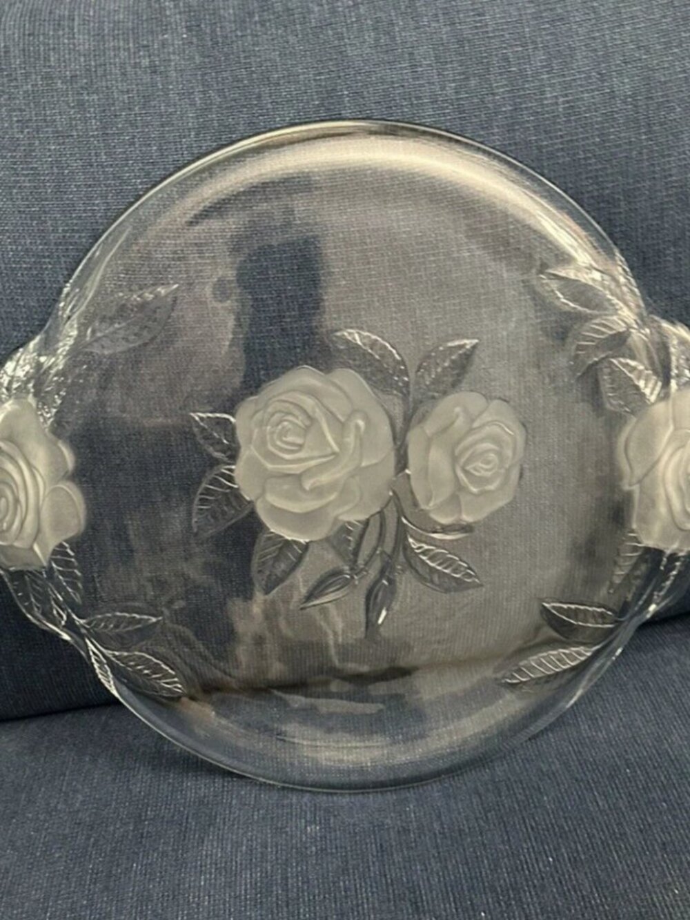 Decorative Glass Platter With Embossed Frosted Roses Pattern